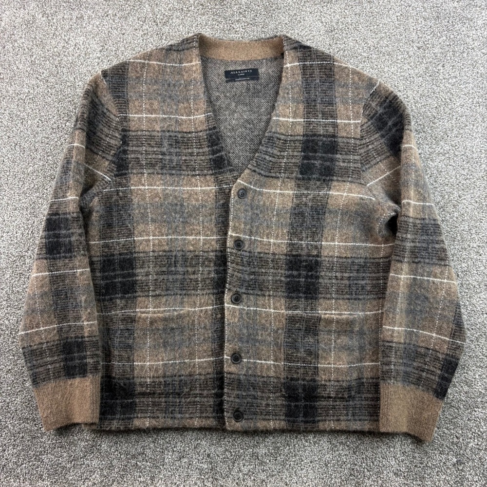 AllSaints Cardigan Men Large Brown Wool Alpaca Plaid Oversized Fit Sweater